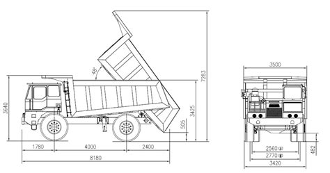Technical drawing of a small dump truck with dimensions