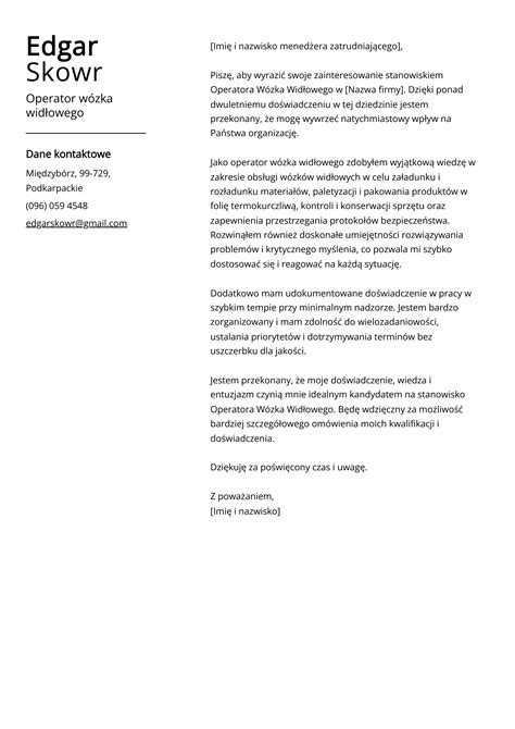 Przykładowy szablon listu motywacyjnego dla operatora wózka widłowego.