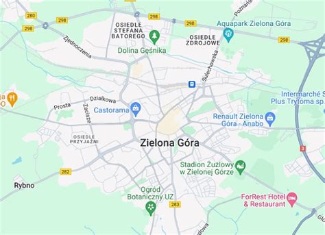 mapa Zielonej Góry z zaznaczonymi punktami wypożyczalni sprzętu ogrodniczego i budowlanego