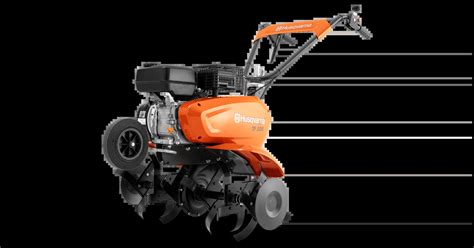 Ilustracja glebogryzarki Husqvarna TF335 z widocznymi elementami sterującymi i składaną kierownicą