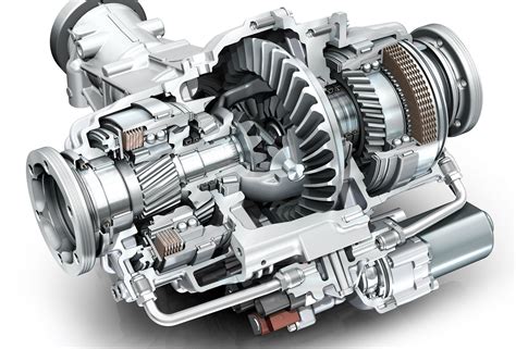 Schemat działania systemu LSD (Limited Slip Differential) w koparko-ładowarce, ilustrujący zwiększoną przyczepność w trudnym terenie.