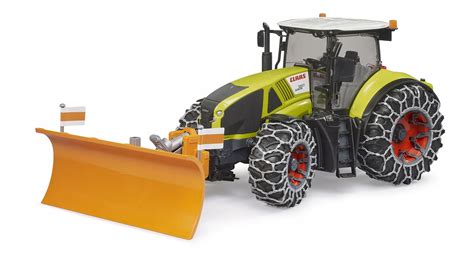 Zabawkowy ciągnik Claas Axion 950 Bruder z odśnieżarką i łańcuchami śniegowymi w akcji