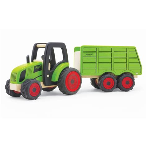 Drewniany traktor zabawka z przyczepą, figurkami zwierząt i rolnikiem
