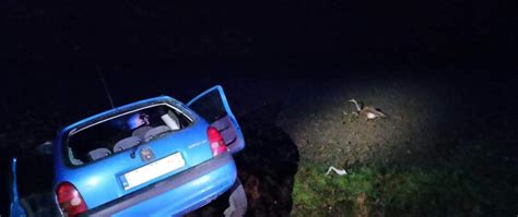 zdjęcie uszkodzonego samochodu osobowego marki Opel Corsa po zderzeniu z liną holowniczą, widoczne przecięcie karoserii