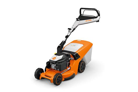 The Stihl RM 448 PC lawnmower in action, showing its ergonomic handle and robust wheels