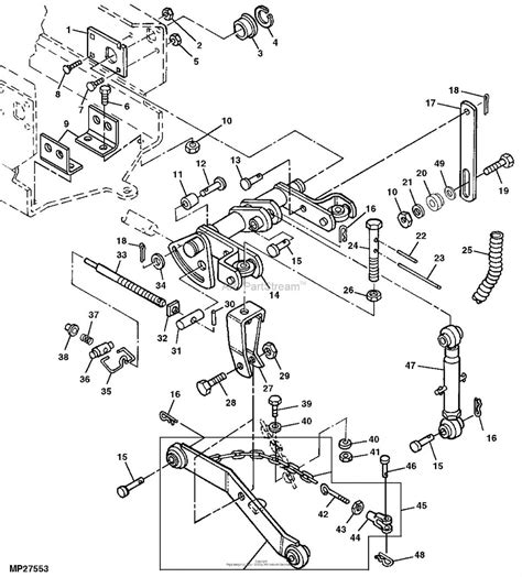 An exploded diagram or close-up of a John Deere lawn tractor's engine compartment, highlighting the locations of filters and other maintenance points.