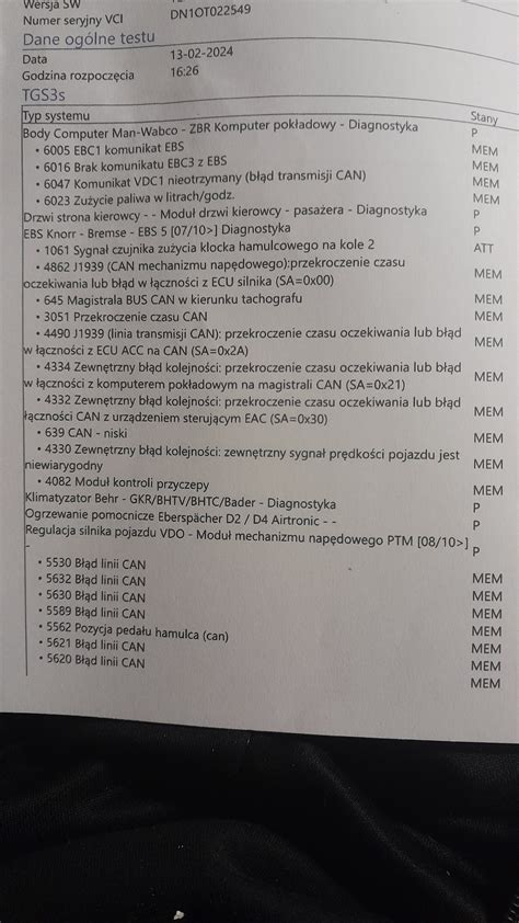 Zdjęcie panelu diagnostycznego z kodami błędów