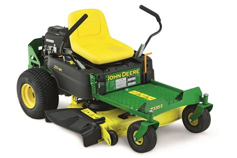 The John Deere Z335E ZTrak mower in action on a lawn with operator