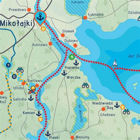 Mapa szlaku Wielkich Jezior Mazurskich z zaznaczonymi Mikołajkami i popularnymi trasami rejsów