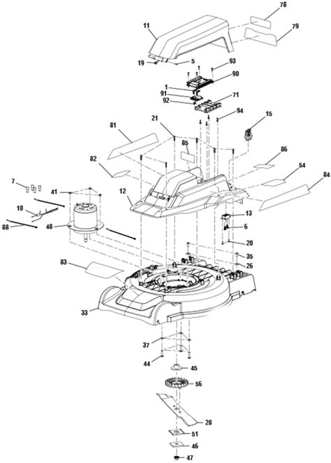 Technical diagram illustrating lawnmower assembly process and key components