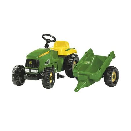 Infografika przedstawiająca kluczowe cechy traktorka RollyKid John Deere (np. łyżka, przyczepka, otwierana maska)
