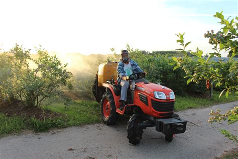 Traktor Kubota B182 z operatorem po zakończonej pracy na plantacji borówki