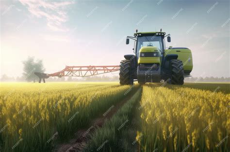Tematyczne zdjęcie pola z widocznymi ścieżkami technologicznymi i traktorem z opryskiwaczem