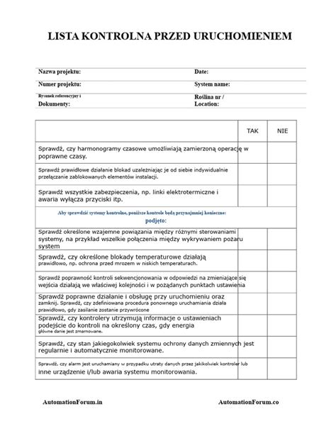Lista kontrolna przed uruchomieniem wózka widłowego