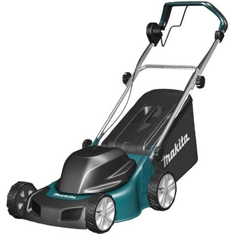 Makita ELM4110 - widok na kosiarkę z zaznaczeniem głównych cech konstrukcyjnych