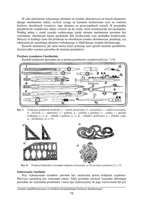 Rysunek przedstawiający grafiony i piórka kreślarskie