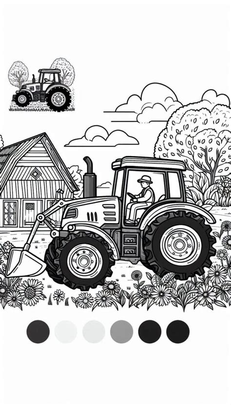 Ilustracja przedstawiająca kolorową wiejską farmę z traktorem i kombajnem w tle.