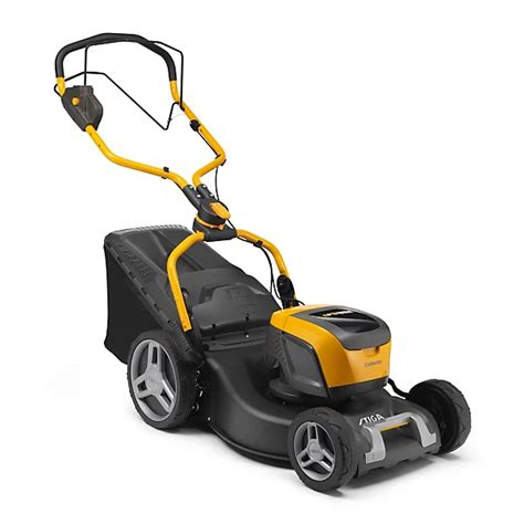Thematic photo of a Stiga cordless lawnmower in a green garden