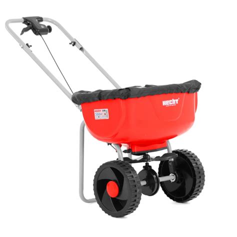The Hecht 270 spreader, showing its wheels, handle, and hopper.