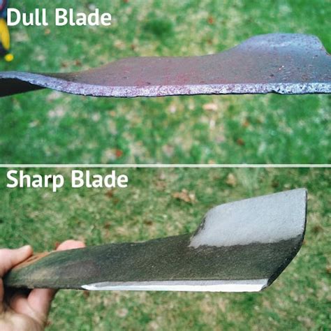 Comparison image: sharp lawnmower blade vs. dull, damaged blade