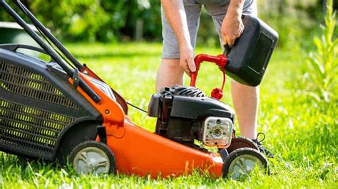 Image of properly stored fuel containers and a person refueling a lawnmower safely