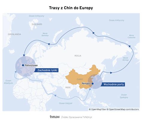 mapa szlaków transportu morskiego i kolejowego z Chin do Europy