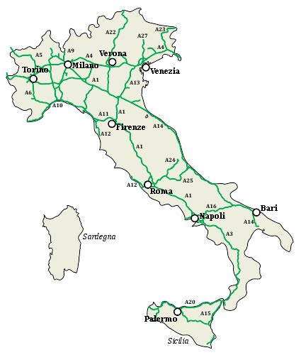 Mapa autostrad i głównych dróg we Włoszech, z zaznaczonymi numerami autostrad