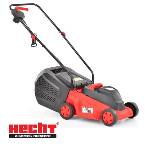The Hecht 1000 electric lawnmower in a garden setting, highlighting its compact design