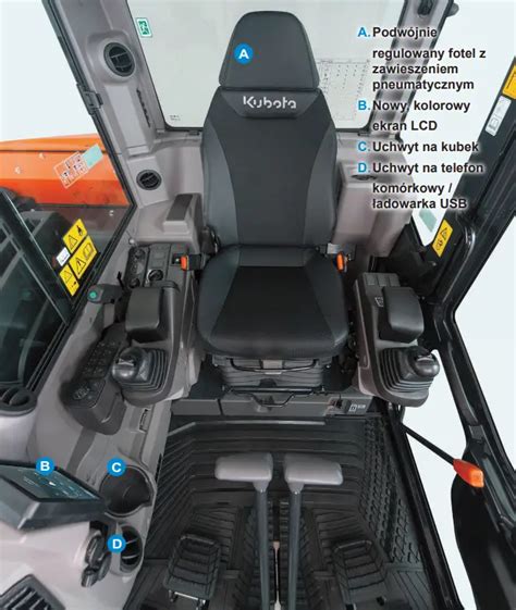 Wnętrze kabiny minikoparki Kubota z ergonomicznym fotelem i panelem sterowania
