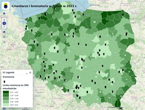 Mapa prezentująca rozmieszczenie ogłoszeń dotyczących rozrzutników obornika w województwie zachodniopomorskim.