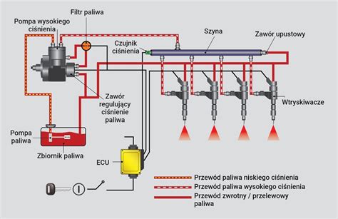 Schemat budowy układu Common Rail z zaznaczonymi wtryskiwaczami i listwą paliwową