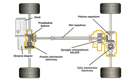 Schemat układu napędowego 6x6 z zaznaczonymi elementami przeniesienia napędu