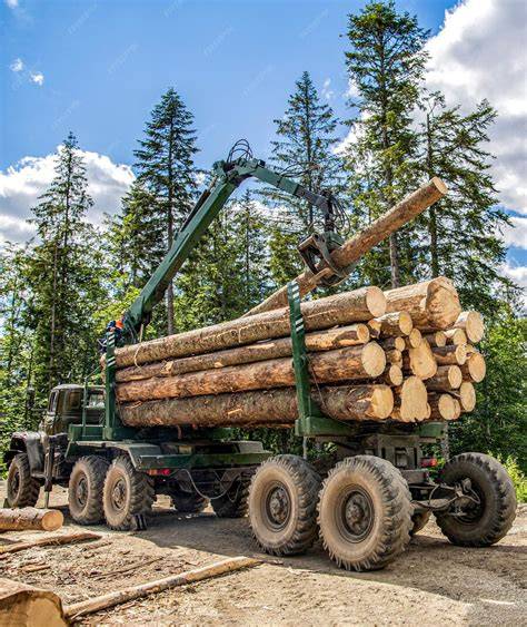 Thematic photo of a forest crane (harvester) working in a forest