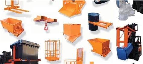 Photo of various interchangeable attachments for a telescopic handler (forks, bucket, grab)
