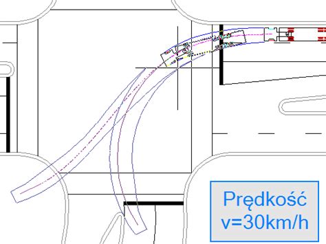 schemat toru jazdy ciągnika siodłowego z naczepą podczas skrętu, pokazujący zachodzenie naczepy i wymagany obszar manewrowy