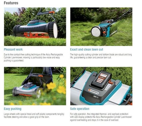 Close-up of the ergonomic ErgoTec handle of the Gardena 34 Accu lawnmower, highlighting controls and soft-grip elements.