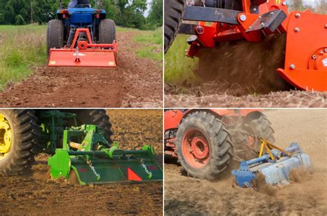 Infographic or schema showing different types of rotary tillers and their applications