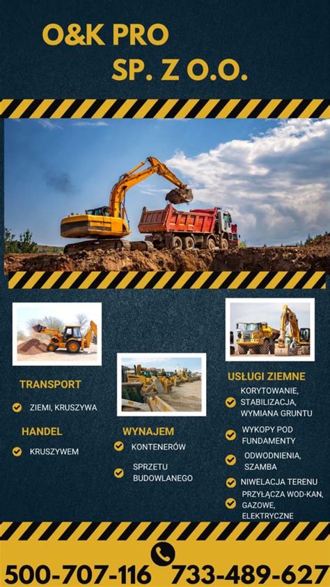 Infografika przedstawiająca zestawienie dostępnego sprzętu budowlanego, w tym wiertnic i koparek