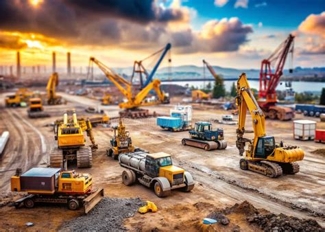 Photo of a fleet of heavy construction machinery (dump trucks, wheel loaders, bulldozers) on a large construction site