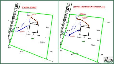 mapa działki z zaznaczonymi odległościami szamba od zabudowań i studni