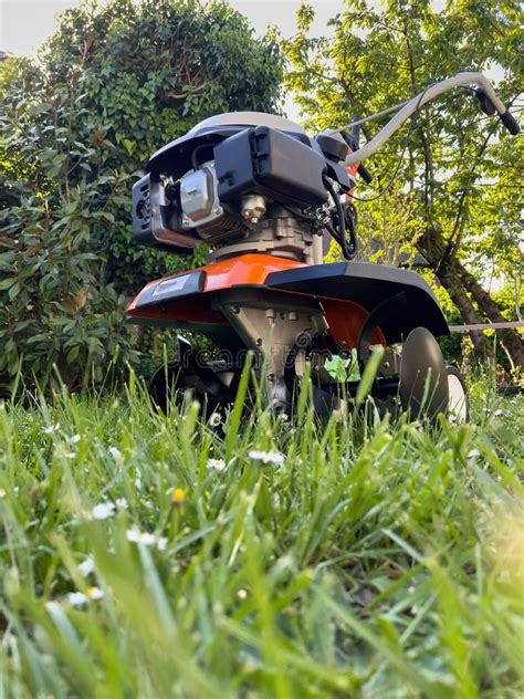 Thematic photo of a modern tiller in a garden