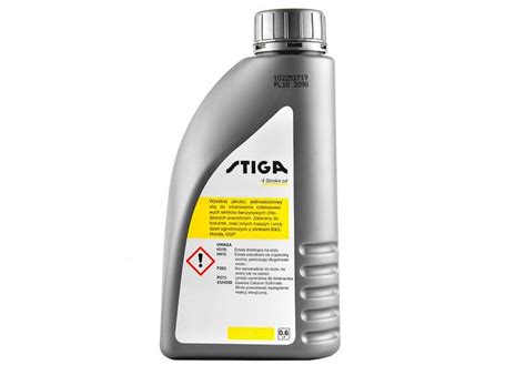 Butelka oleju Stiga SAE 30 z etykietą i charakterystyką produktu