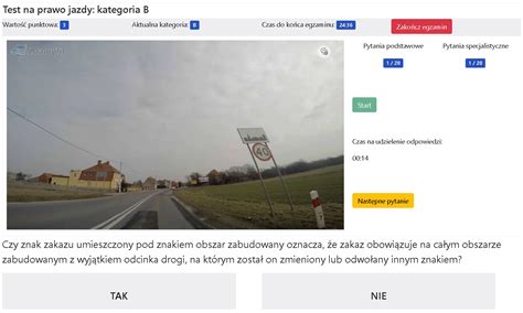 Przykładowy interfejs testu teoretycznego na prawo jazdy kategorii T.