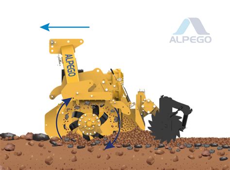 Infographic explaining the counter-rotating blades and separation process of a stone burier