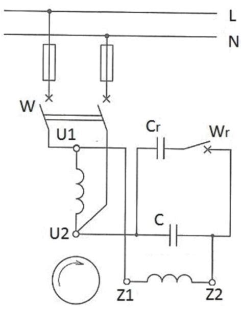Schemat połączeń elektrycznych silnika z kondensatorem rozruchowym