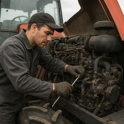 Mechanik wykonujący przegląd silnika ciągnika