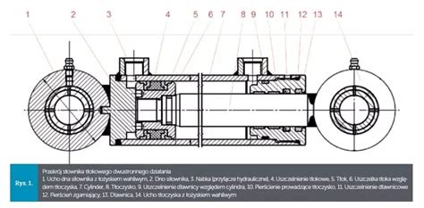 Przekrój przez siłownik hydrauliczny koparki, pokazujący tłok, tłoczysko i sposób działania pod wpływem ciśnienia oleju.