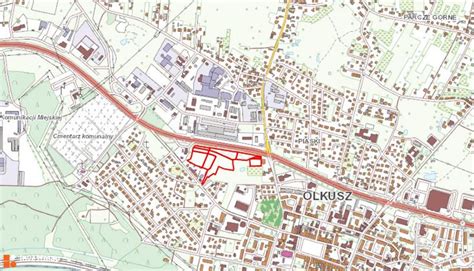 Mapa regionu Olkusza z zaznaczonymi lokalizacjami ogłoszeń o sprzedaży ciężarówek