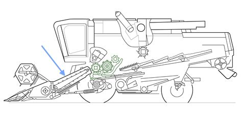 Schemat układu młócącego kombajnu zbożowego z zaznaczonym bębnem i cepami