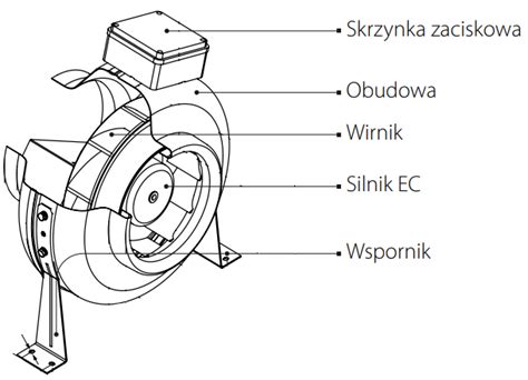Infografika przedstawiająca przekrój wentylatora osiowego lub radialnego z zaznaczonymi łopatkami